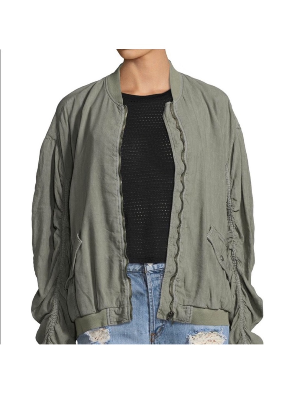 Free People Ruched Linen Bomber Jacket Parachute Sage Green Size XS